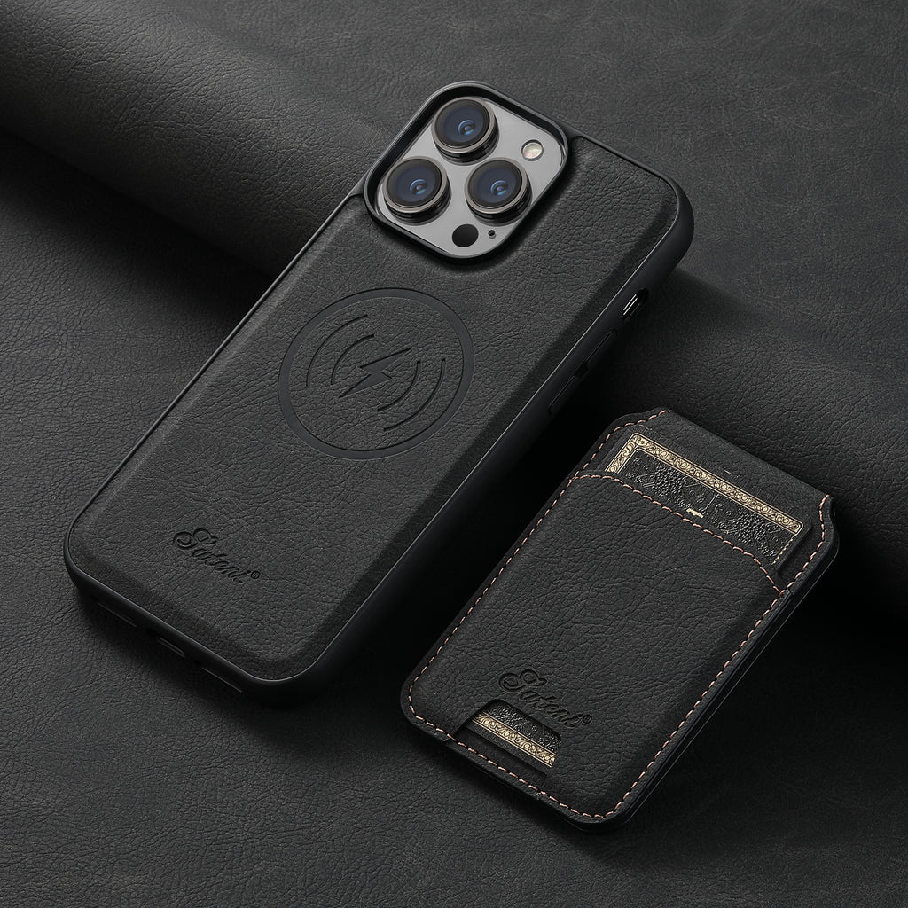 Litchi leather MagSafe case with card wallet stand for iPhone
