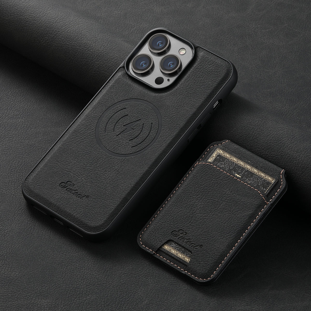 Litchi leather MagSafe case with card wallet stand for iPhone