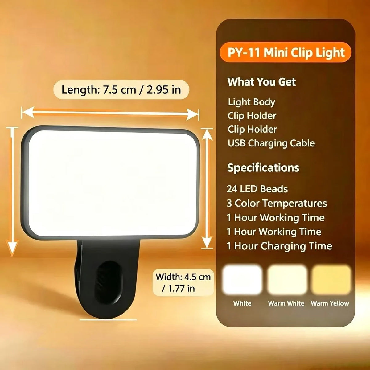 Rechargeable Clip-On Selfie Fill Light - 3 Light Modes, Adjustable Brightness