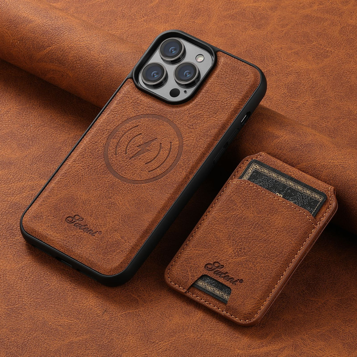Litchi leather MagSafe case with card wallet stand for iPhone, view 4