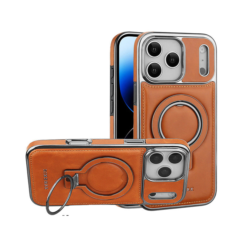Rugged leather magnetic iPhone case with ring stand, view 4