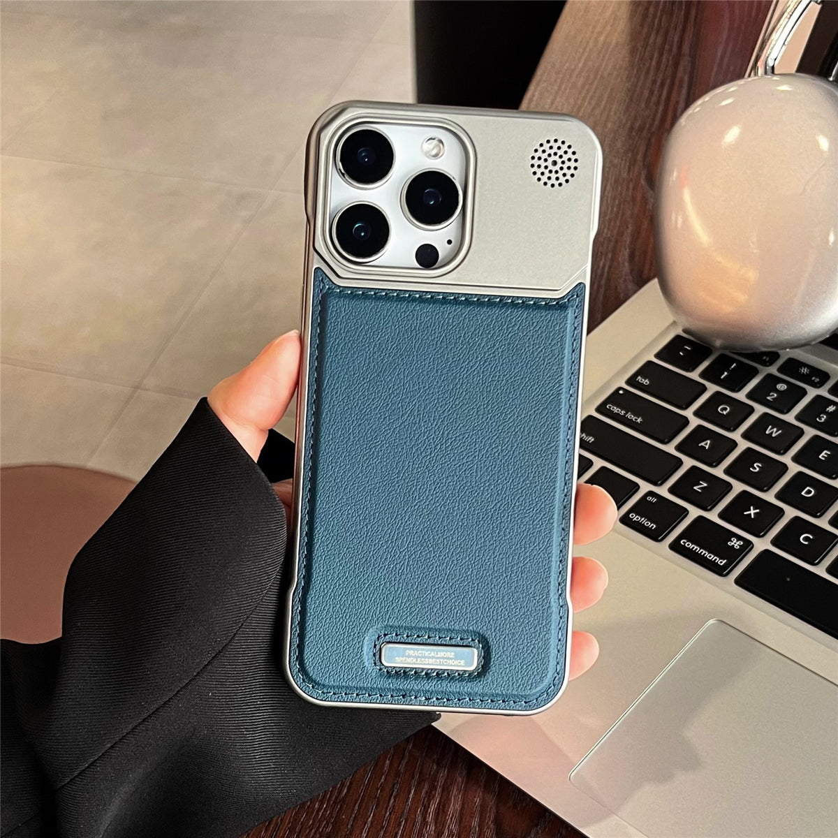 Vegan leather MagSafe case with metal camera frame for iPhone, view 6