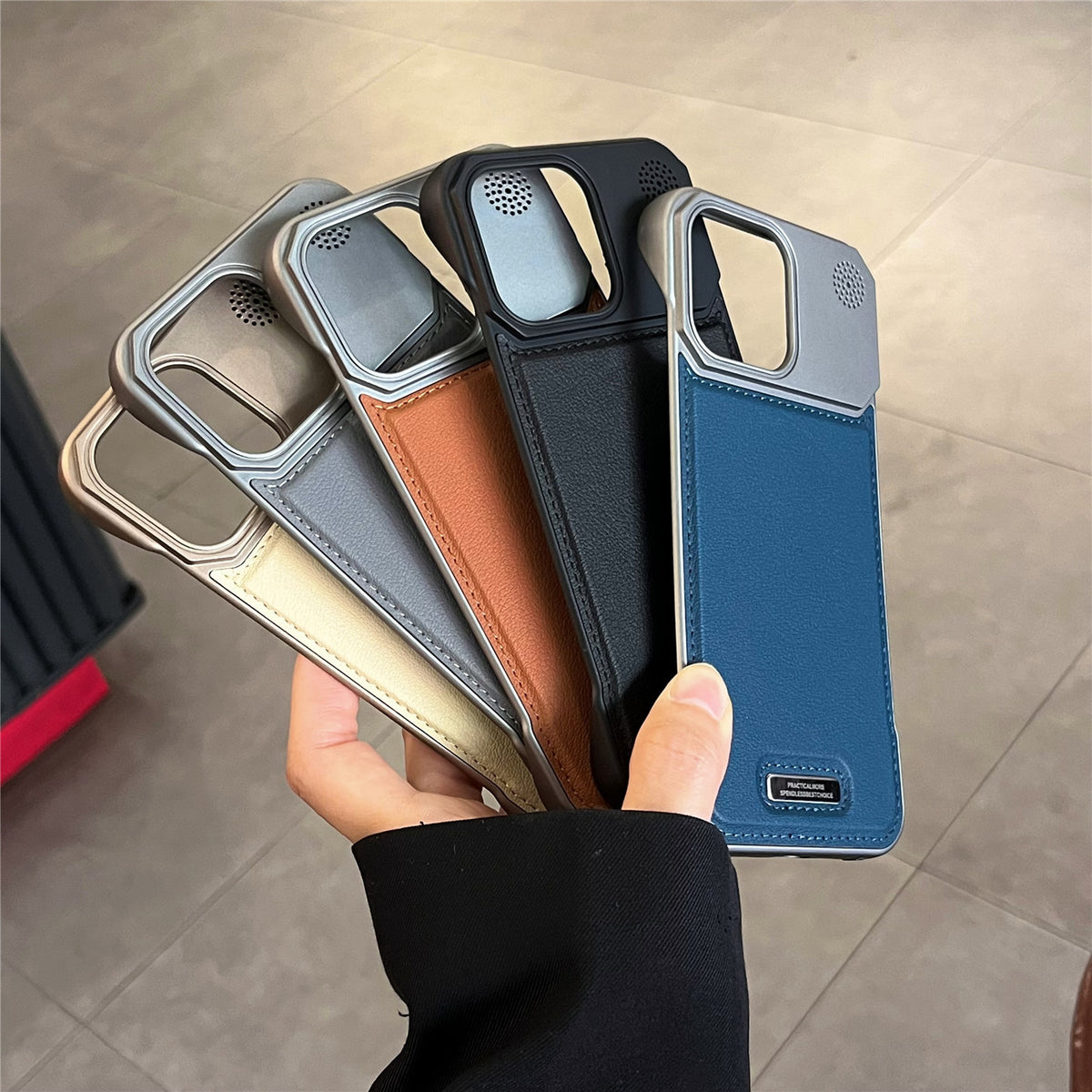 Vegan leather MagSafe case with metal camera frame for iPhone