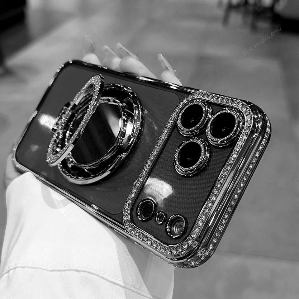 Rhinestone mirror magnetic iPhone case with ring stand