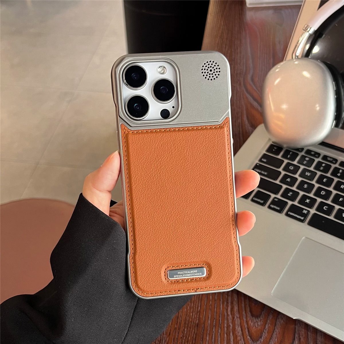 Vegan leather MagSafe case with metal camera frame for iPhone, view 5
