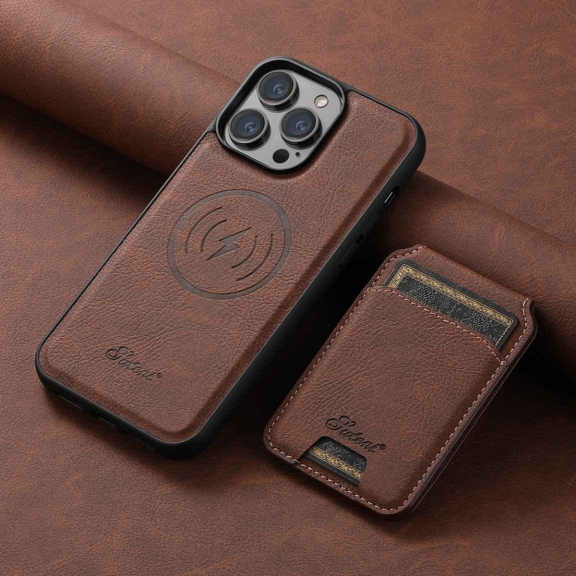 Litchi leather MagSafe case with card wallet stand for iPhone, view 5