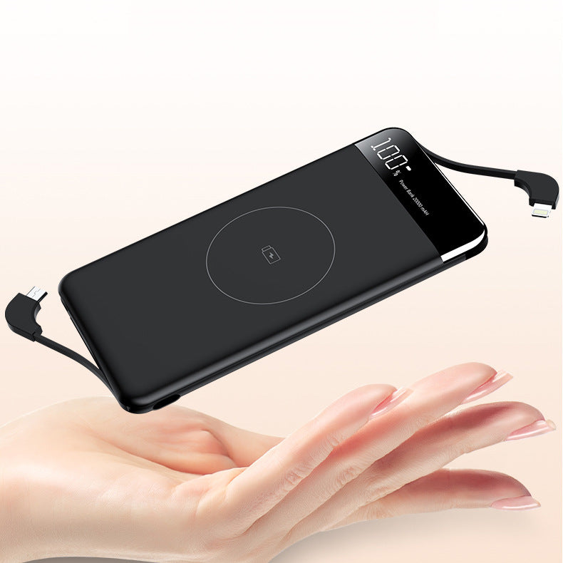 10000mAh slim power bank with built-in cables and wireless charging